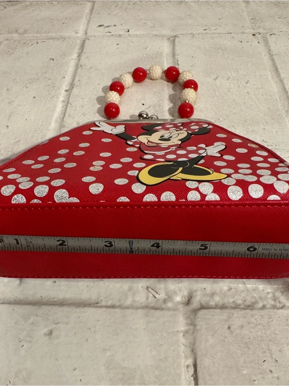 Vintage Disney Minnie Mouse Handbag Chunky Beaded Handle Red Polka Dot Bow Clasp